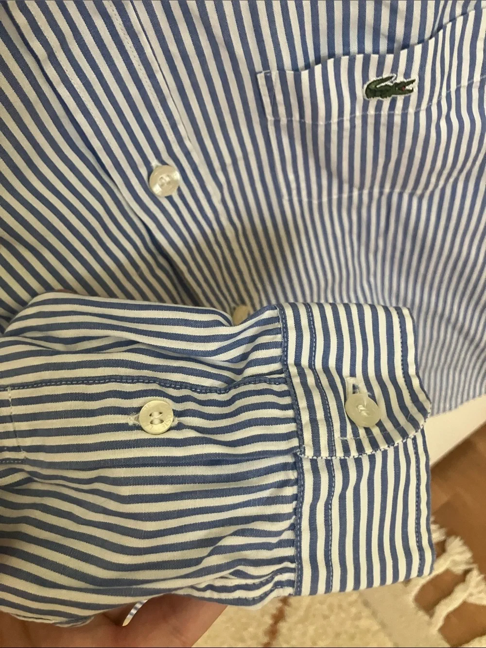 Lacoste Blue and White Vertical Stripe Button-Up Shirt